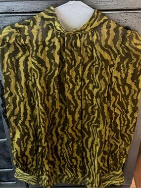 H&M Lightweight sheer blouse with bold yellow and olive animal print.